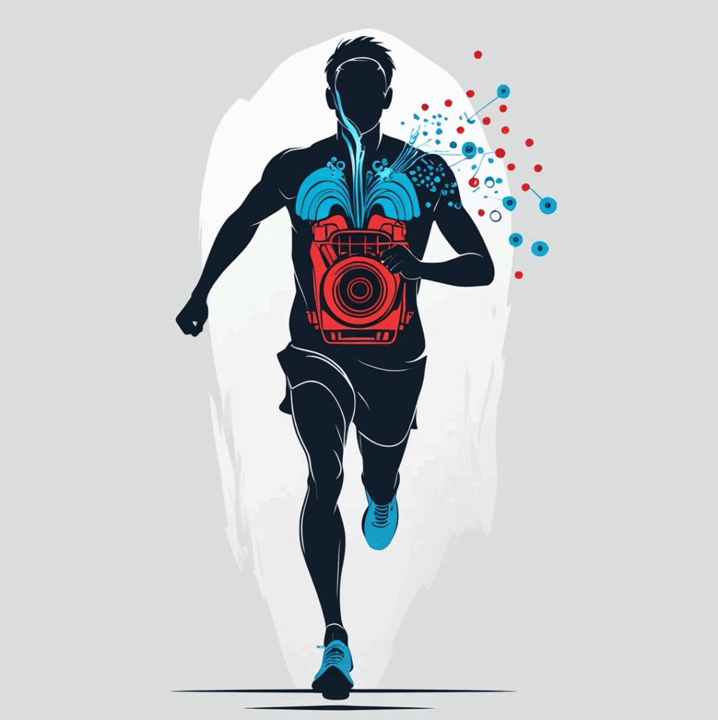 ランナーの胸の中にある力強いエンジンが、最大酸素摂取量（VO2max）という心肺機能の大きさを象徴しているイラスト