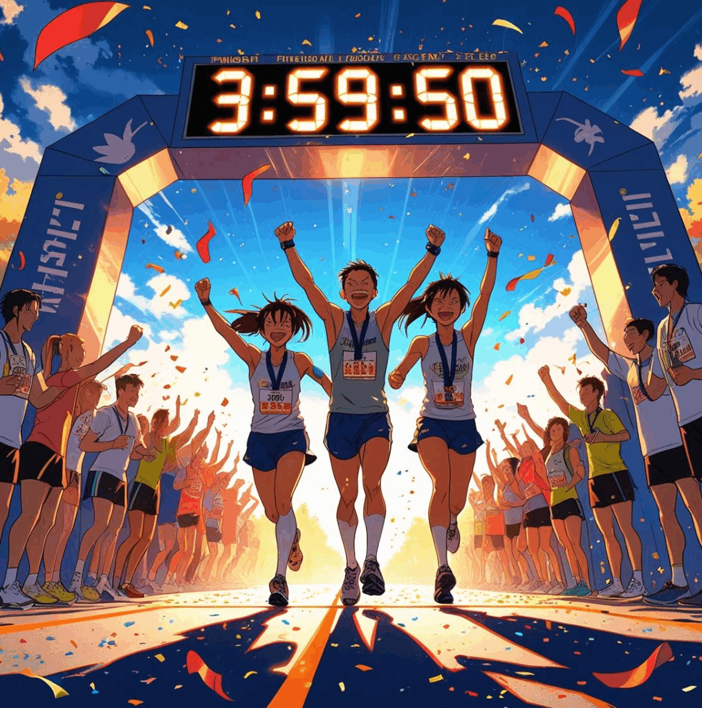 3時間59分台でゴールテープを切り、最高の笑顔を見せるランナー