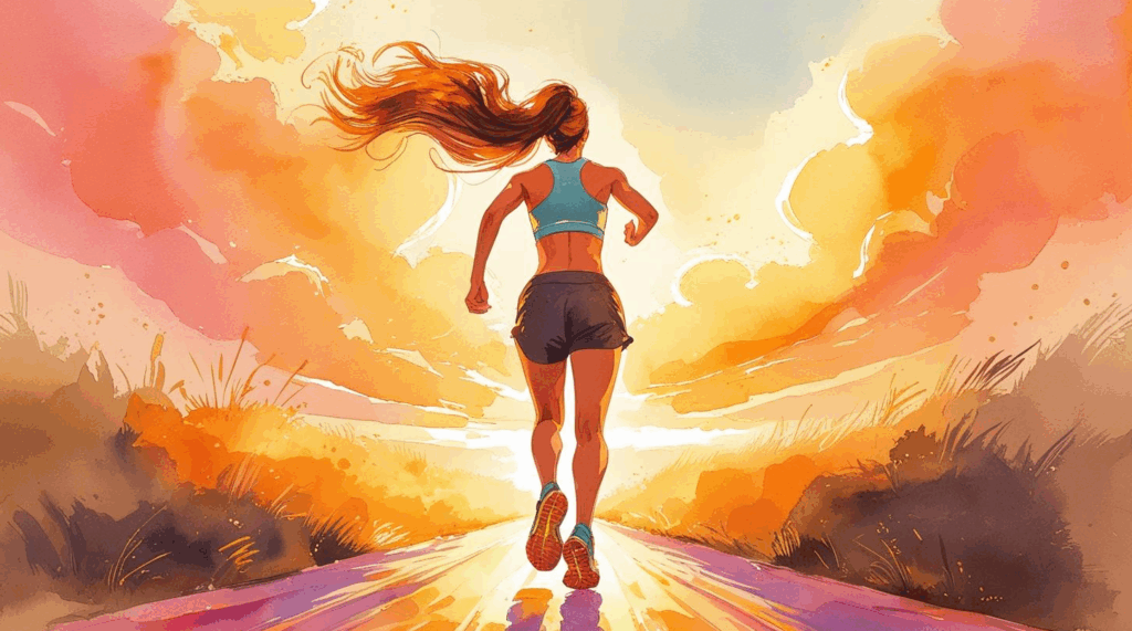 自分にぴったりのランニングシューズを見つけ、希望に満ちて走り出した女性ランナーの後ろ姿。