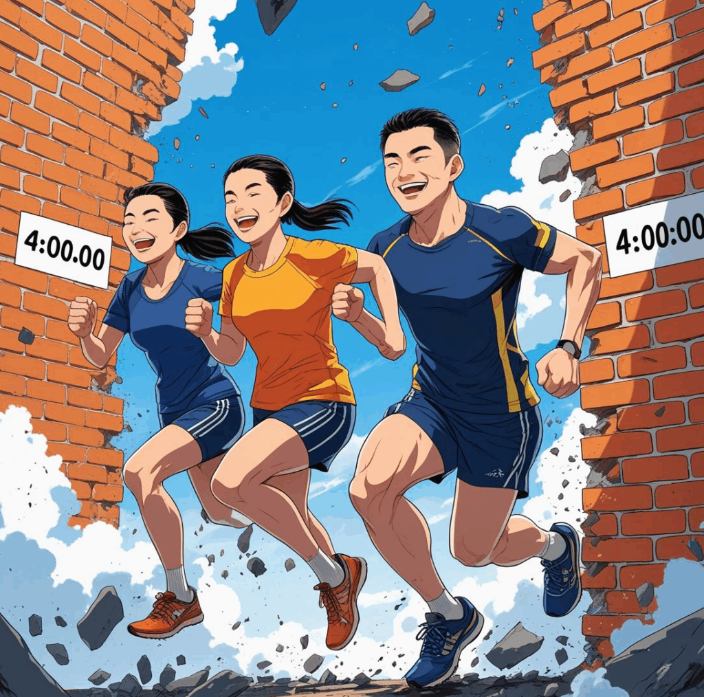 サブ4の壁であるレンガを壊し、笑顔で駆け抜ける男女のランナー